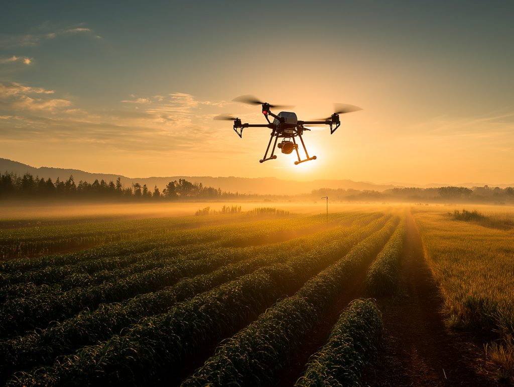 Dron sobre campo de cultivo realizando monitoreo aéreo