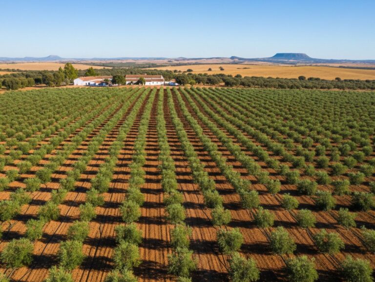 Vista aérea de un campo de olivos con riego por goteo en Castilla-La Mancha, simbolizando la modernización agraria.