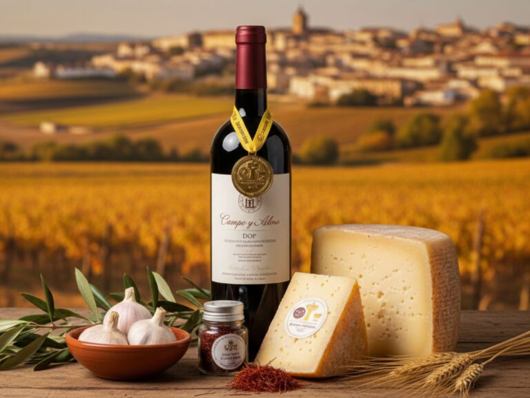 Premios Gran Selección Campo y Alma 2026: Excelencia en la actualidad agraria de Castilla-La Mancha Selección de productos gourmet de Castilla-La Mancha con sellos de calidad Campo y Alma: vino, queso manchego y ajo morado.