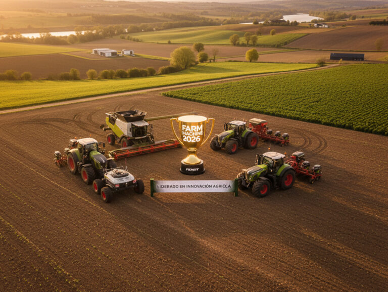 Varios modelos de maquinaria agrícola Fendt rodeando un trofeo de oro del premio Farm Machine 2026 en un campo de cultivo al atardecer.