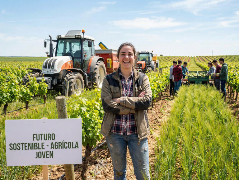 Jóvenes agricultores trabajando en el campo de Castilla-La Mancha