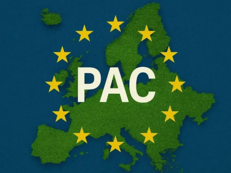 Los pagos pendientes de la PAC se abonarán a primeros de septiembre Mapamundi de la Unión Europea en verde sobre fondo azul con el texto PAC, representando la actualidad agraria de las ayudas europeas.