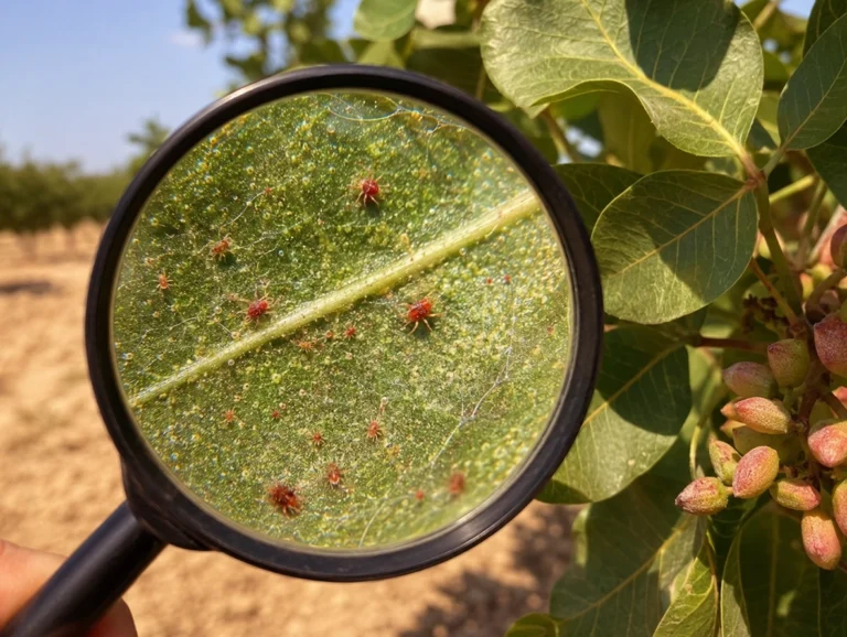 Técnico revisando araña roja en pistacho y anotando datos en un cuaderno de campo para agricultores