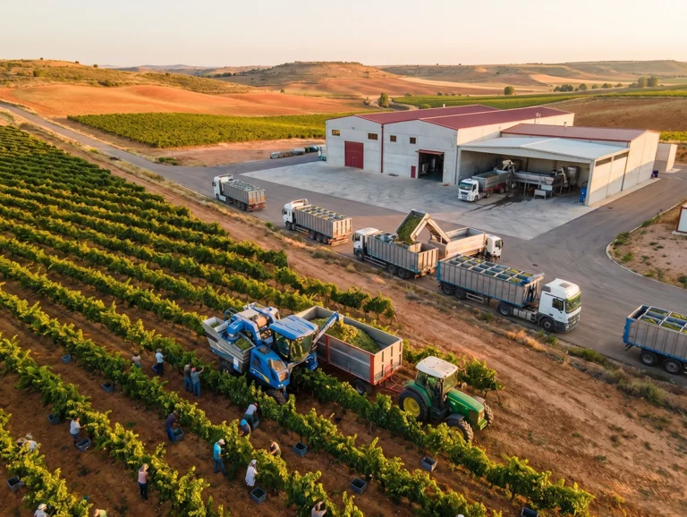Gestión agrícola en Castilla-La Mancha: cómo preparar una vendimia eficiente desde el viñedo hasta la bodega Preparativos de la vendimia en un viñedo de Castilla-La Mancha con maquinaria agrícola