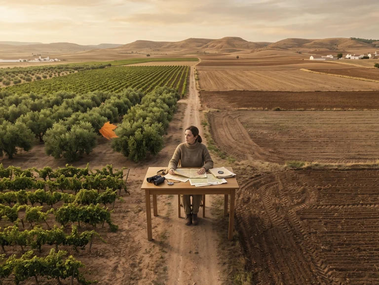 Gestión agrícola en agosto: cómo preparar las explotaciones de Castilla-La Mancha para la campaña de otoño Agricultor revisando parcelas de cultivo en Castilla-La Mancha durante agosto