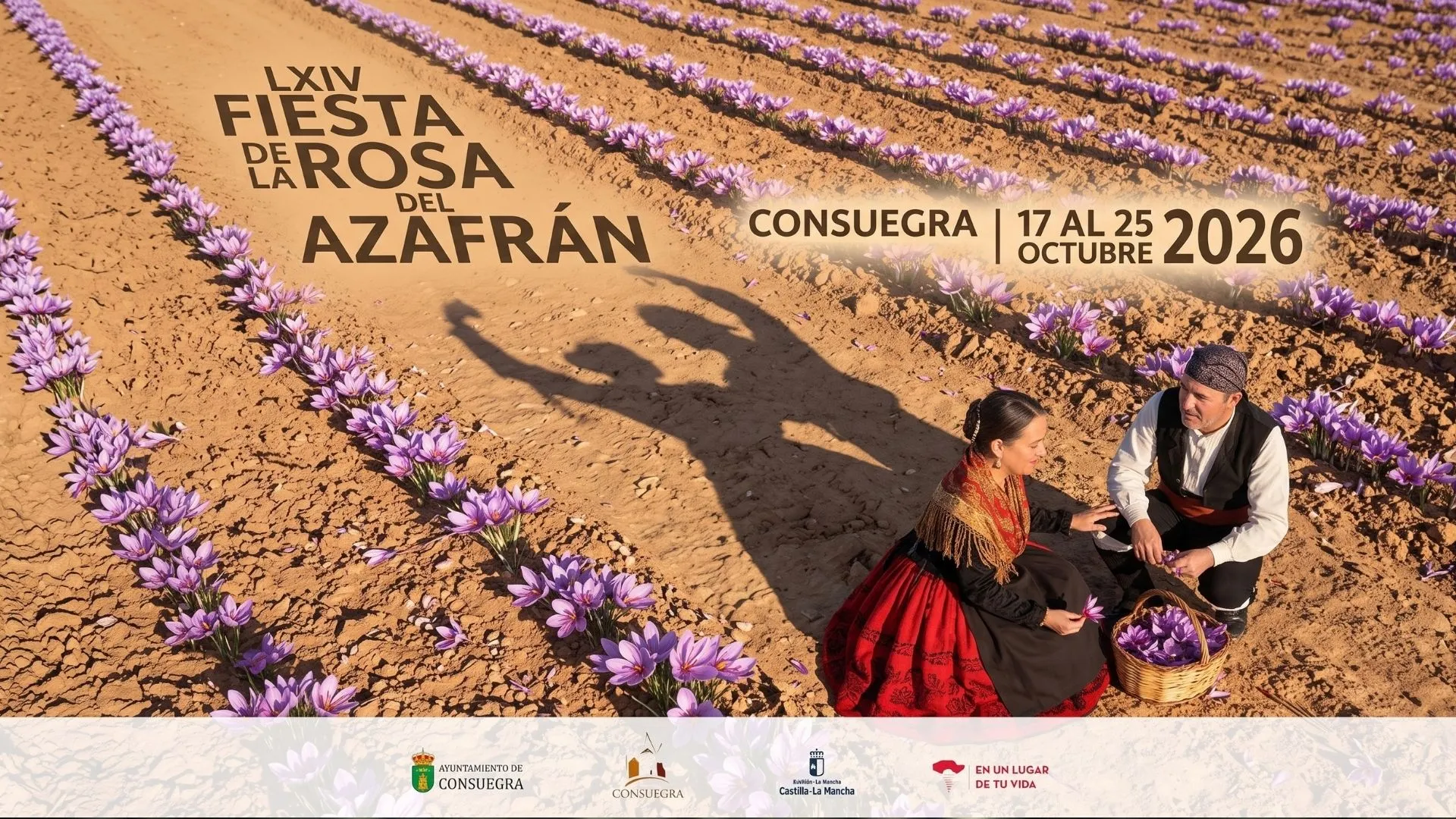 Cartel oficial de la LXIV Fiesta de la Rosa del Azafrán 2026 en Consuegra, mostrando siluetas proyectadas sobre un campo florecido de azafrán.