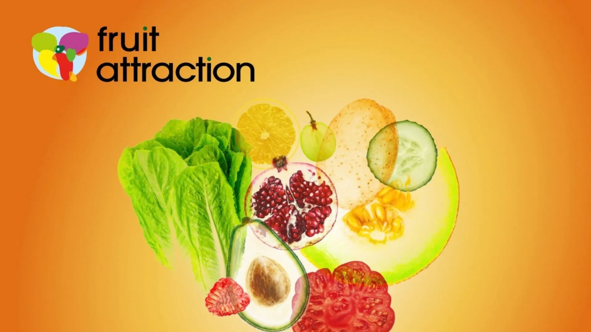 Cartel oficial de Fruit Attraction 2026 con el logotipo de la feria e ilustraciones de productos hortofrutícolas como melón, granada, aguacate y lechuga.